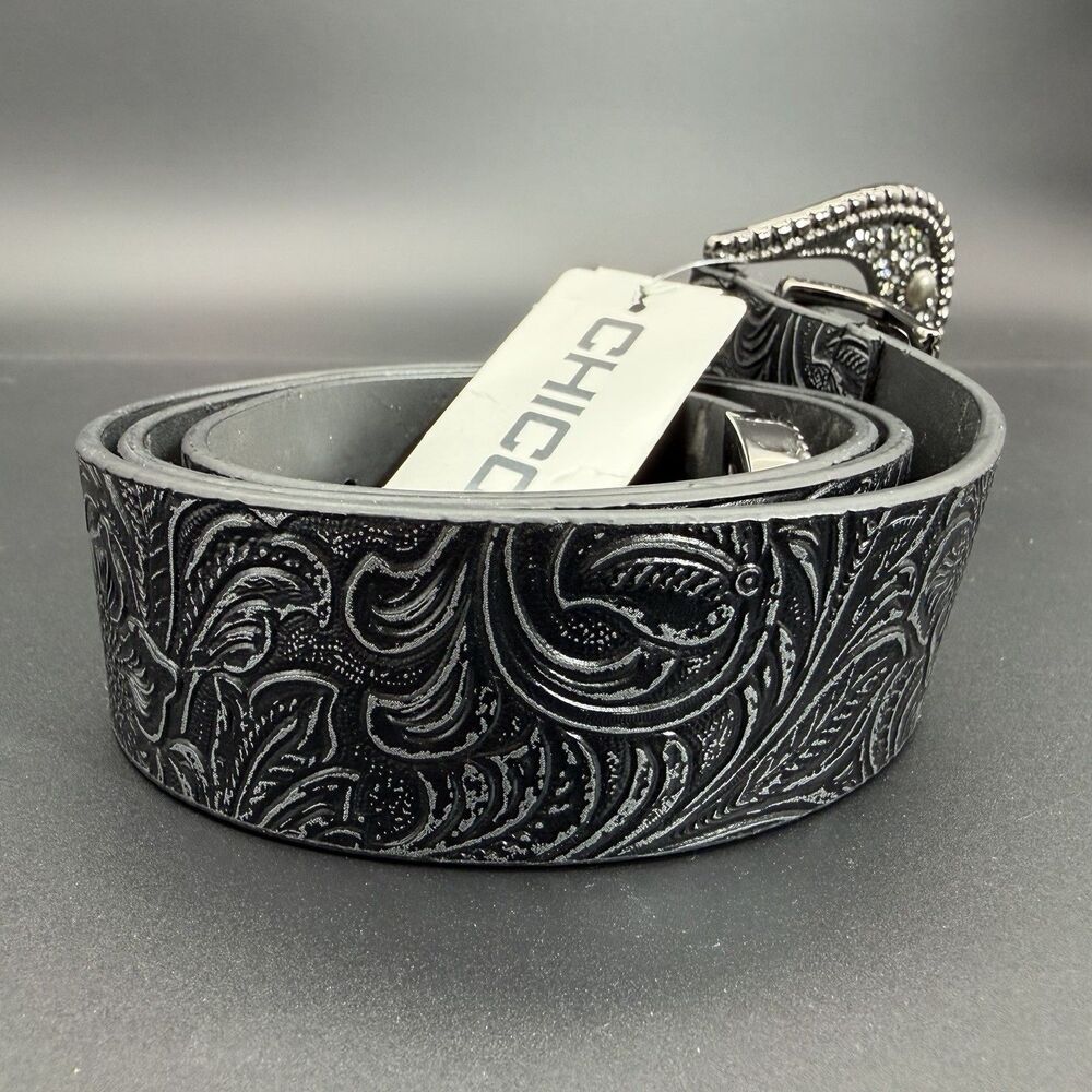 Chico's Women's M Black Floral Embossed Faux Leather Belt Rhinestone Buckle NWT - Picture 4 of 9